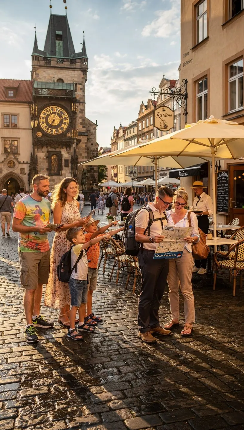 Turista procházející se po úzkých uličkách města s památkami a kavárnami.
