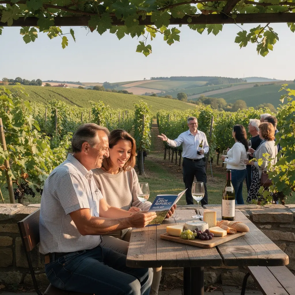 Západ slunce nad českým hradem, osvětlující okolní krajinu.